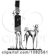 Black And White Woodcut Styled Man With A Top Hat And Skinny Dog