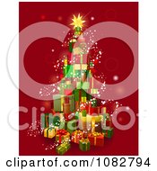 Poster, Art Print Of 3d Christmas Tree Gift Tower With Magical Lights Over Red