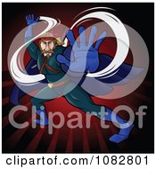 Poster, Art Print Of Fighting Super Hero Man In A Blue Suit Over Red Rays