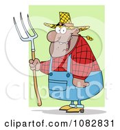 Clipart Plump Hispanic Farmer Man Chewing On Straw And Holding A Rake Royalty Free Vector Illustration