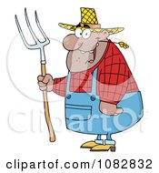 Poster, Art Print Of Chubby Hispanic Farmer Man Chewing On Straw And Holding A Rake