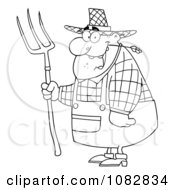 Poster, Art Print Of Outlined Farmer Man Chewing On Straw And Holding A Rake