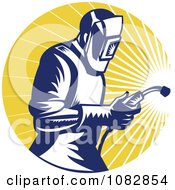 Clipart Retro Welder Over Yellow Rays Royalty Free Vector Illustration