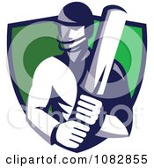 Clipart Cricket Batsman Over A Green Shield Royalty Free Vector Illustration