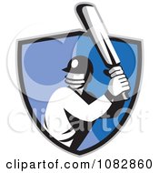 Clipart Cricket Batsman Over A Blue Shield Royalty Free Vector Illustration