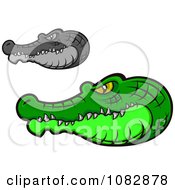 Clipart Grayscale And Green Crocodile Heads Royalty Free Vector Illustration