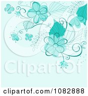 Poster, Art Print Of Blue Background With Turquoise Flowers Butterflies And Copyspace