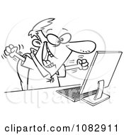 Clipart Outlined Excited Man Celebrating At His Computer Desk Royalty Free Vector Illustration
