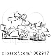 Clipart Outlined Man Dog And Cat Begging For Money Royalty Free Vector Illustration