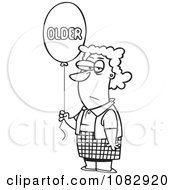 Clipart Outlined Birthday Woman With An Older Balloon Royalty Free Vector Illustration