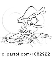 Clipart Outlined Woman Chasing A Bounced Check Royalty Free Vector Illustration