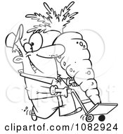 Clipart Outlined Farmer Pushing A Big Carrot On A Dolly Royalty Free Vector Illustration