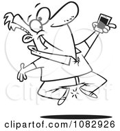 Clipart Outlined Excited Man Jumping With His New Cell Phone Royalty Free Vector Illustration