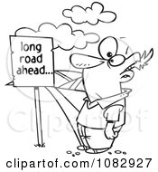Clipart Outlined Man Facing A Long Road Ahead Sign And A Hilly Path Royalty Free Vector Illustration