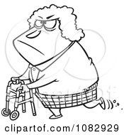 Clipart Outlined Grumpy Granny Using Her Walker Royalty Free Vector Illustration