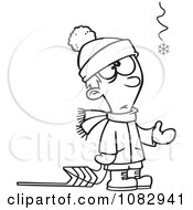 Clipart Outlined Hopeful Boy With A Sled And One Snowflake Royalty Free Vector Illustration