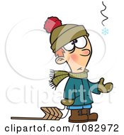 Clipart Hopeful Boy With A Sled Catching A Snowflake Royalty Free Vector Illustration