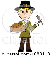 Poster, Art Print Of Thanksgiving Blond Stick Pilgrim Man Holding A Turkey