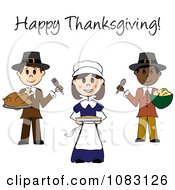 Poster, Art Print Of Happy Thanksgiving Stick Pilgrims With Food
