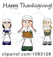 Poster, Art Print Of Happy Thanksgiving Stick Pilgrim Girls With Food