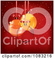 Poster, Art Print Of 3d Clear Glass And Orange Christmas Baubles Over Red With Snow