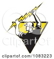 Poster, Art Print Of Retro Electrician Holding Up A Bolt On A Yellow Triangle