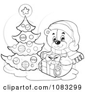 Clipart Outlined Christmas Teddy Bear With A Tree And Gift Royalty Free Vector Illustration