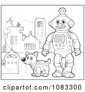 Poster, Art Print Of Outlined Robot And Dog By A Hydrant