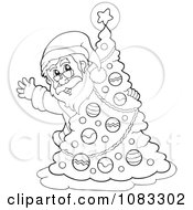 Poster, Art Print Of Outlined Santa Waving Behind A Christmas Tree