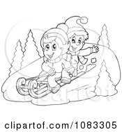 Clipart Outlined Winter Kids Sledding In The Snow Royalty Free Vector Illustration