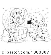 Poster, Art Print Of Outlined Winter Kids Making An Igloo
