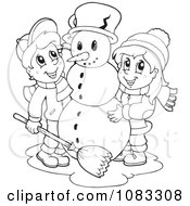 Clipart Outlined Winter Kids Making A Snowman Royalty Free Vector Illustration