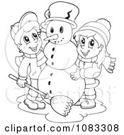 Poster, Art Print Of Outlined Winter Kids Making A Snowman