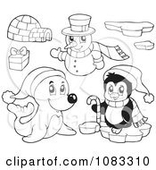 Poster, Art Print Of Outlined Seal Penguin Igloo And Christmas Snowman