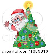 Poster, Art Print Of Santa Waving Behind A Christmas Tree