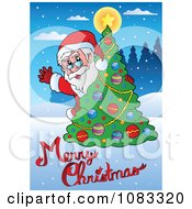 Poster, Art Print Of Santa Waving From Behind A Tree With Merry Christmas Text