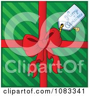 Clipart Merry Christmas Tag Over Green Stripes With A Red Bow Royalty Free Vector Illustration