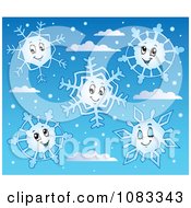 Clipart Happy Snowflakes In A Blue Sky Royalty Free Vector Illustration