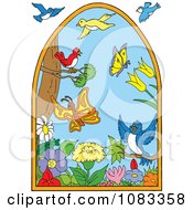 Poster, Art Print Of Scene Of Birds Flowers And Butterflies