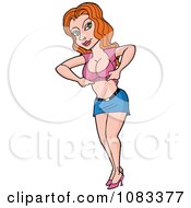 Clipart Redhead Pinup Lifting Her Shirt Royalty Free Vector Illustration by LaffToon