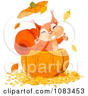 Poster, Art Print Of Happy Squirrel With Autumn Leaves In A Pumpkin