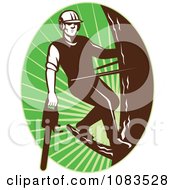 Clipart Retro Tree Arborist Climbing With A Chainsaw 2 Royalty Free Vector Illustration