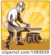 Clipart Retro Tree Arborist Holding A Chainsaw Over A Stump Royalty Free Vector Illustration