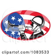 Retro Soldier Playing A Bugle Over An American Flag