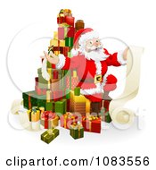 Clipart 3d Santa Sitting On A Stack Of Gifts With His List Royalty Free Vector Illustration
