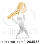 Poster, Art Print Of 3d Silver Man Holding Up A Gold Key