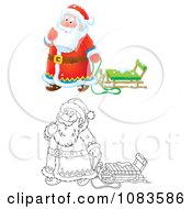 Poster, Art Print Of Outlined And Colored Santas Playing In The Snow With A Sled