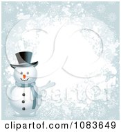 Clipart 3d Snowman Presenting A Grungy Blue Background Royalty Free Vector Illustration
