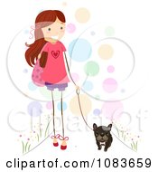 Clipart Cute Stick Girl Walking Her Brindle French Bulldog Royalty Free Vector Illustration