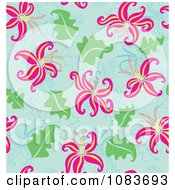Poster, Art Print Of Seamless Pink Lily And Blue Background